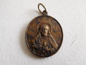 Antiguidades: Medalla antigua de bronce sagrado corazón de Jesús y Maria
